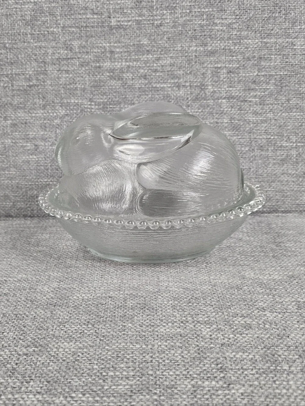 Vtg Indiana Glass Bunny On Nest Clear Candy Dish